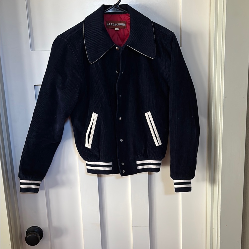 Alexa Chung Navy Bomber Jacket with Red Interior